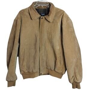 M788) Vintage Duncan Row Large Tan Leather Bomber Plaid Lined Jacket